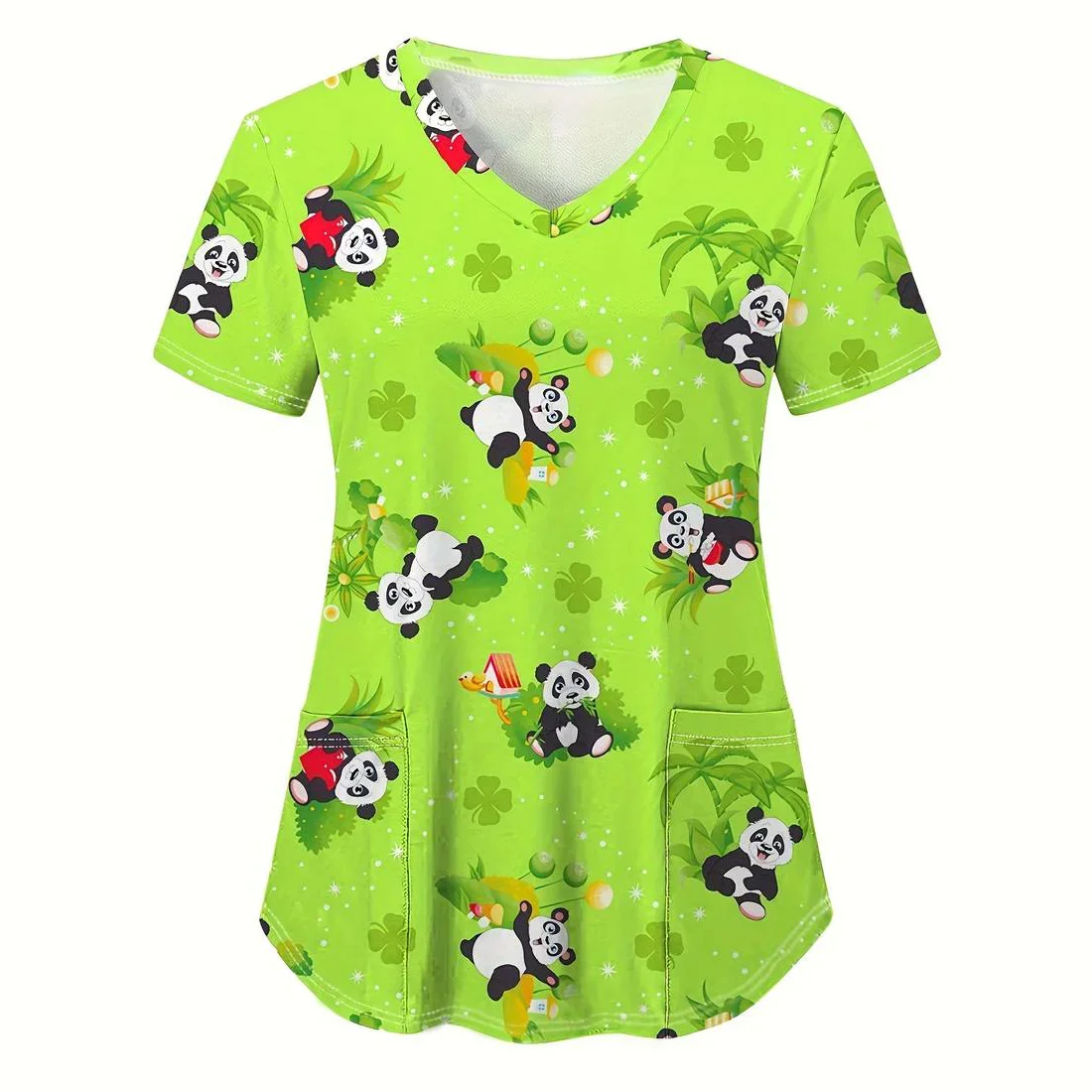 

Medical Uniform for Women Cute Panda Cartoon Print Health Care Nurse Tops V-Neck Short Sleeve with Pocket Tees Clinical Uniforms