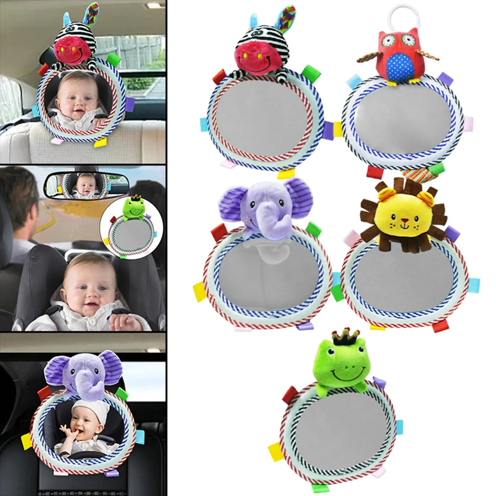 Baby Car Mirror Back Safety Seat Rear View Mirror Cartoon Animal Plush Toys Adjustable Rear Facing Mirrors For Baby Stroller Toy