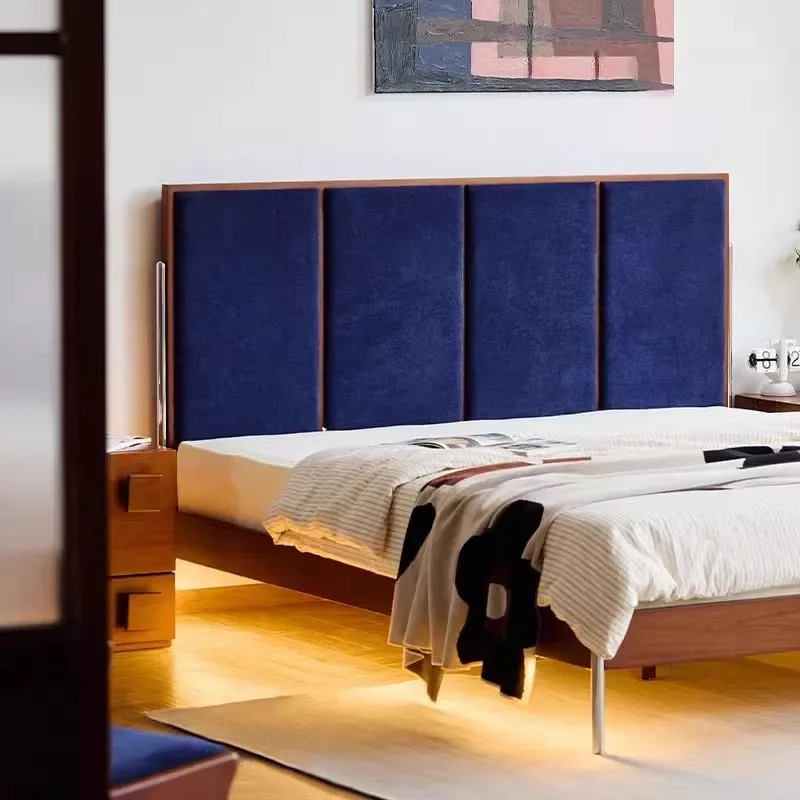 Nordic retro, soft bag solid wood bed, fabric with lamp, small apartment log, master bedroom