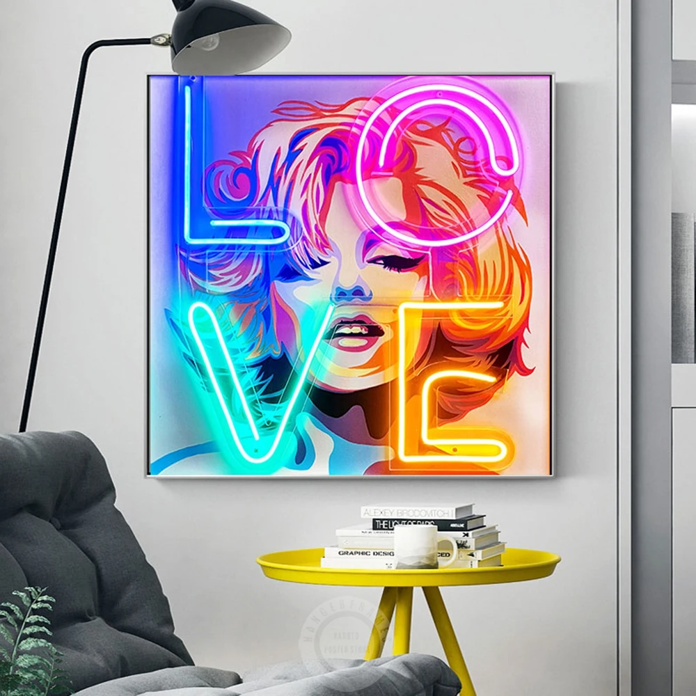 

Neon Love Pink Green Light Wall Posters Abstract Marilyn Beauty Prints Canvas Painting Modern Art Pictures Room Home Decoration