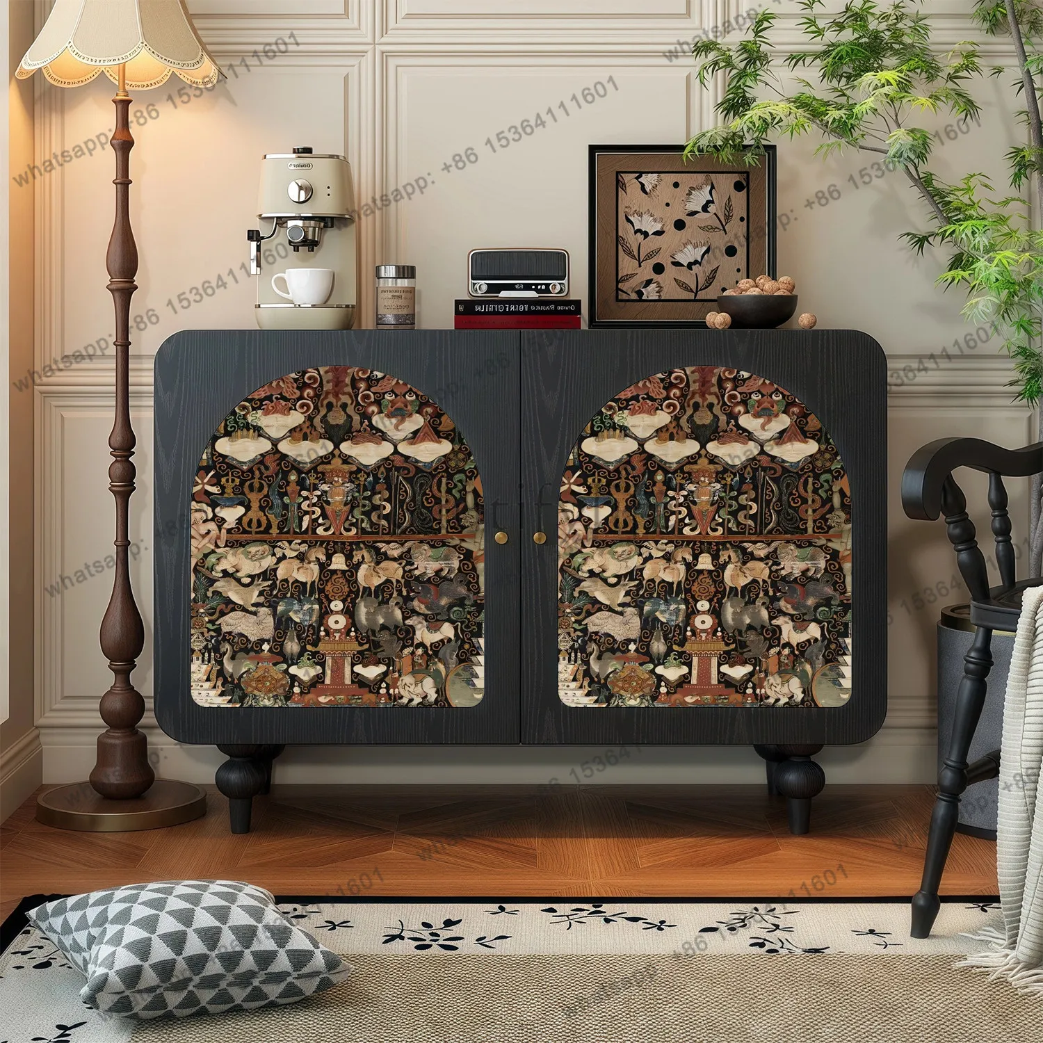 

Medieval retro solid wood dining side cabinet, living room against the wall integrated high-end wine cabinet