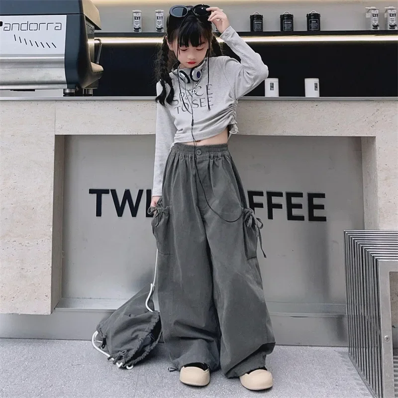 Girls Pants 2024 Autumn New Childrens Clothing Foreign Style American Style Cargo Wide-leg Pants Casual Simple and Daily image 2