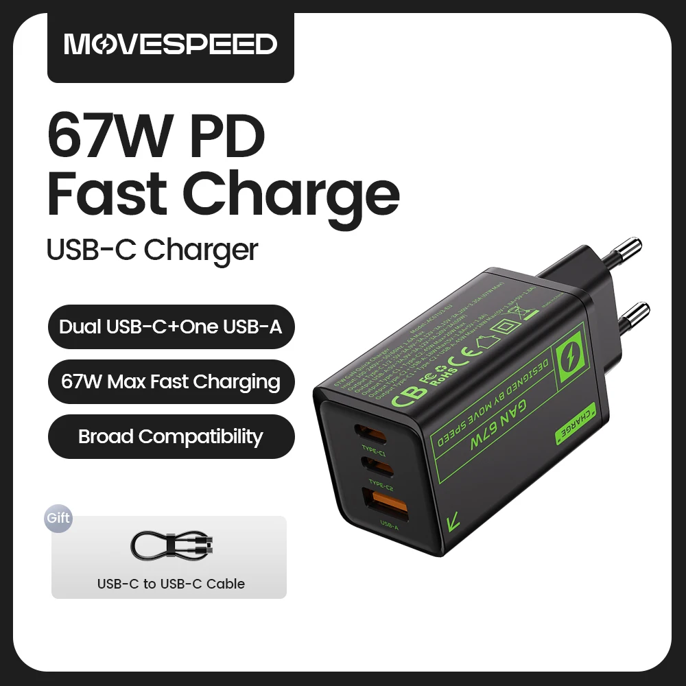 

MOVESPEED 67W GaN Charger USB Type C PPS QC3.0 PD Quick Charging Charger Wall Adapter for iPhone 15Pro Samsung S23 HUAWEI Xiaomi