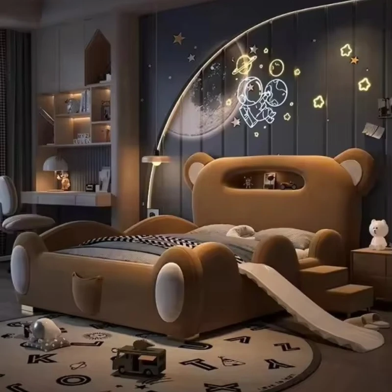 

Kid Parapet Beds New Bear Design Bed Cute Double Boy Girl Baby Bed With Stairs Slide Storage Child Bedroom Furniture