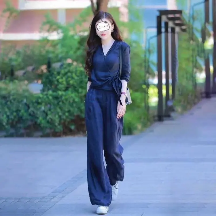 

Осень/Лето 2022, новый повседневный модный комплект, женская рубашка с v-образным вырезом, длинные брюки, комплект из двух предметов