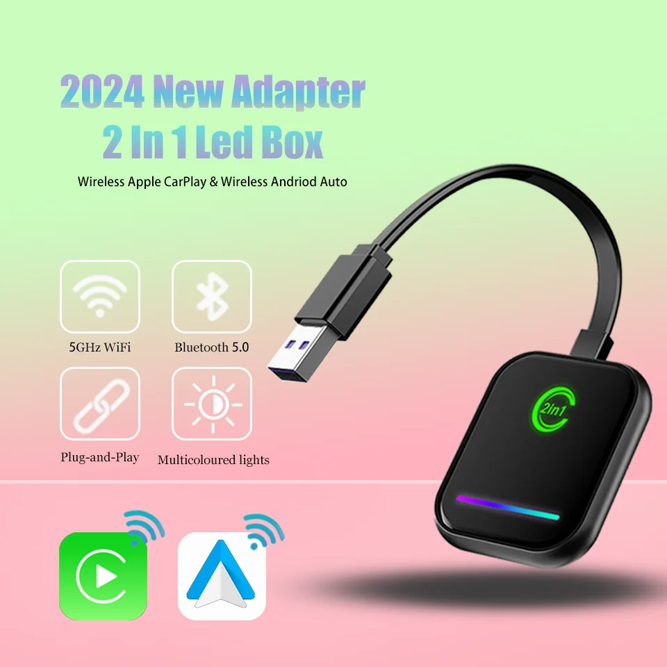 

New 2in1 Wireless Android Auto and Apple CarPlay LED Adapter Smart Plug and Play Bluetooth WiFi USB Connection for 98% of Cars