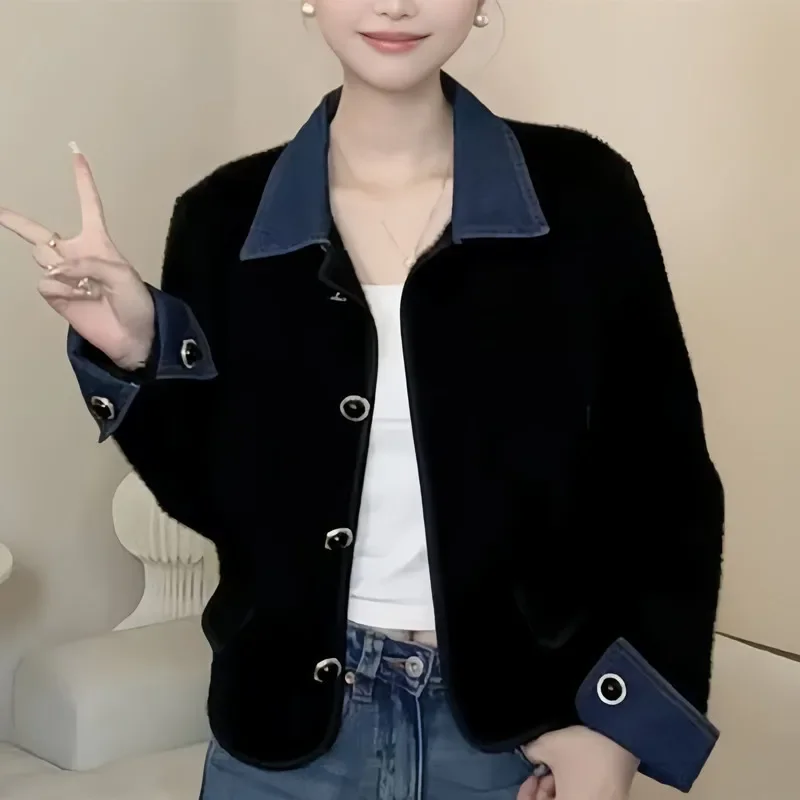 

Fashionable Knitted Sweater with Denim Patchwork And Turn-down Collar in Small Fragrance Style for Women Autumn Winter New