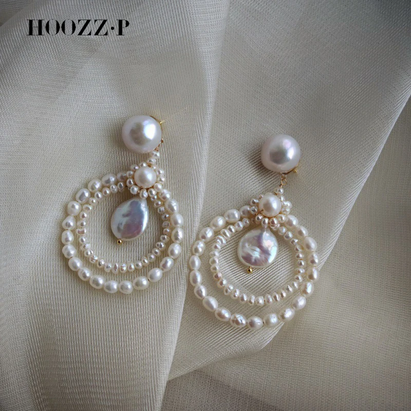 HOOZZ.P Handwoven Freshwater Pearl Earrings 925 Sterling Silver Pure Silver Gift for Ladies Elegant Jewelry Ear Jewelry