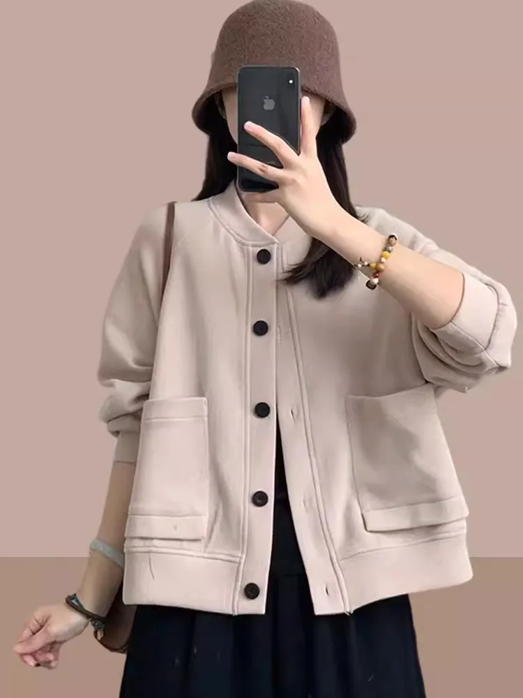 Women's Short Casual Jacket 2026 New Style Spring Autumn Small Size Baseball Clothes Loose Fit Long Sleeve round Neck Coat