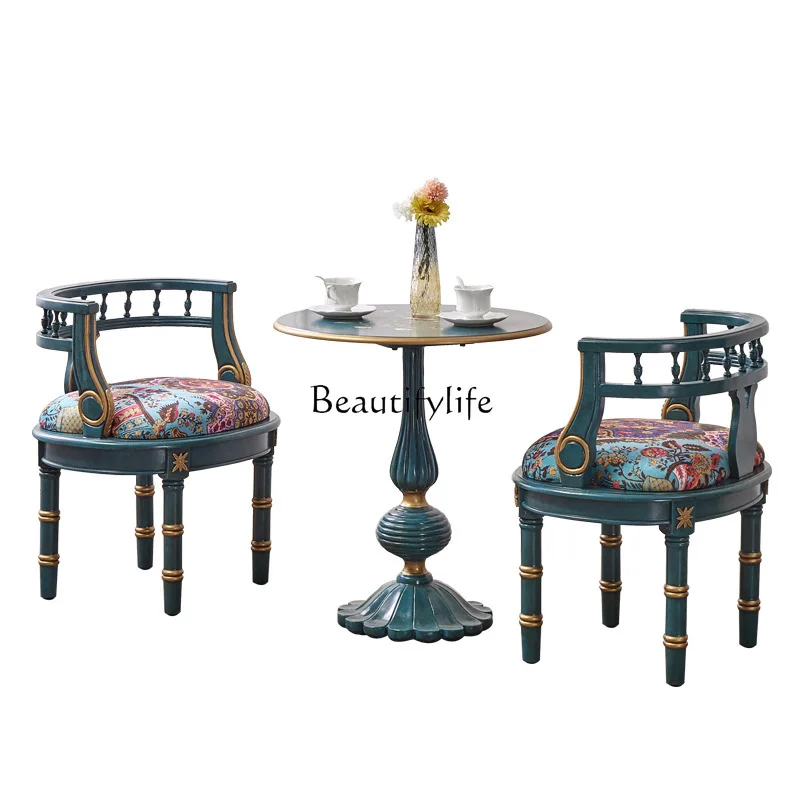 

Living room balcony one table and two chairs combination French retro painted furniture blue sofa chair round table coffee table