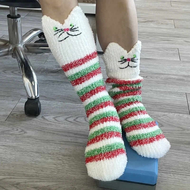 Christmas Fuzzy Socks for Women Men Funny Cartoon Colorblock Striped Winter Warm Sleep Slipper Holiday Socks