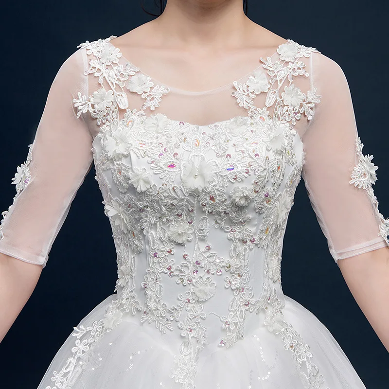 Robe de mariée blanche à paillettes, col rond, avec broderie, Organza à lacets, grande taille, pour le cinéma, bon marché, # DM-0427