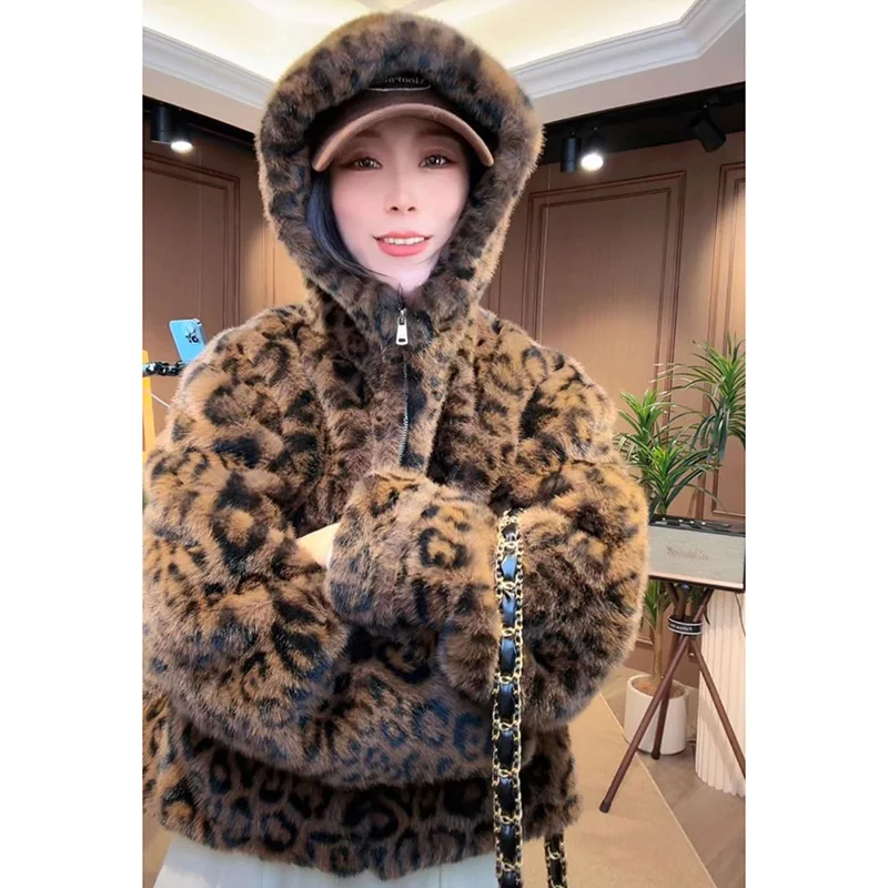 Leopard Faux Fur Women Hooded Jacket American Retro Chic Zip Up Coat Loose Cozy Streetwear Winter Outerwear Top