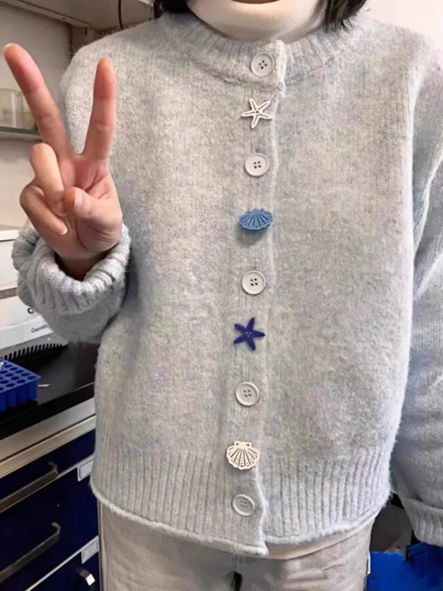 Blue Gray Soft Loose Cardigan Jacket Cute Starfish Button Sweater Coats Korean Sweet College Women Knitwear Autumn Winter Tops