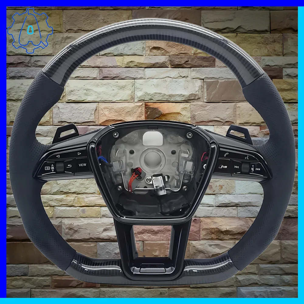 

For Audi A6 C8 painted black carbon fiber leather multifunctional steering wheel with heating, Car Accessories