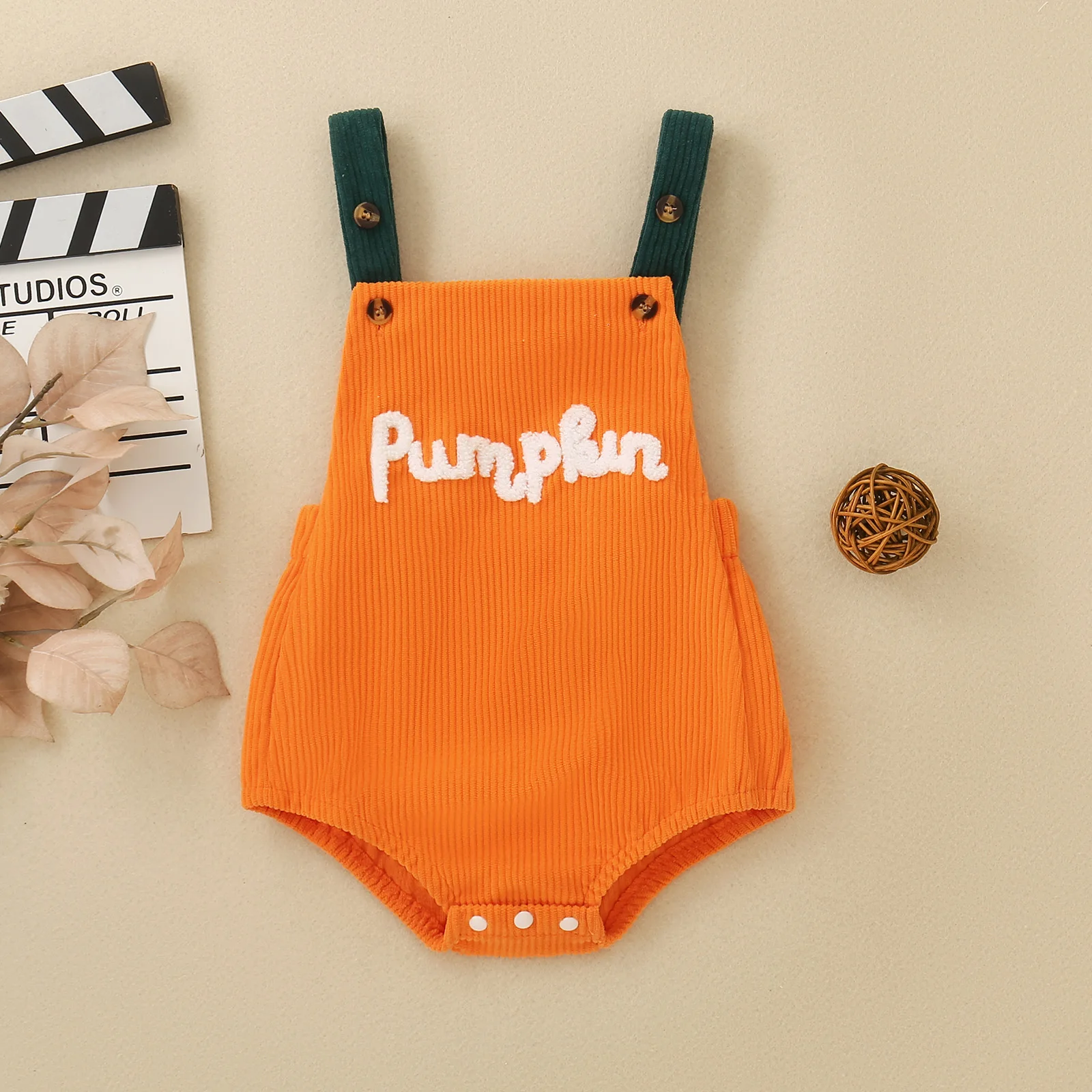 Baby Halloween Corduroy Overalls Romper Pumpkin Letter Embroidery Sleeveless Suspender Bodysuit Infant Fall Party Outfit