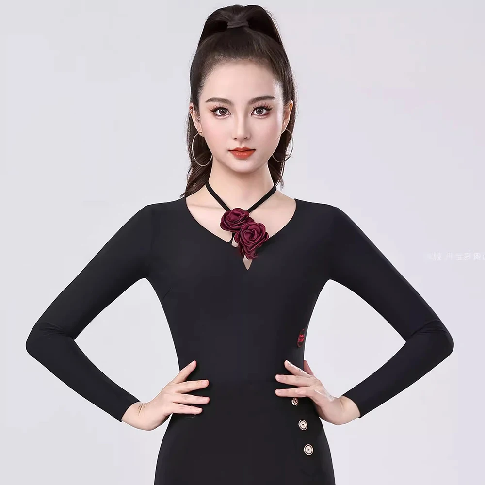 

2026 New Women's Modern Latin Dance Top Halter V-Neck Long Sleeve Bodysuit Ballroom Salsa Practice Performance Costume