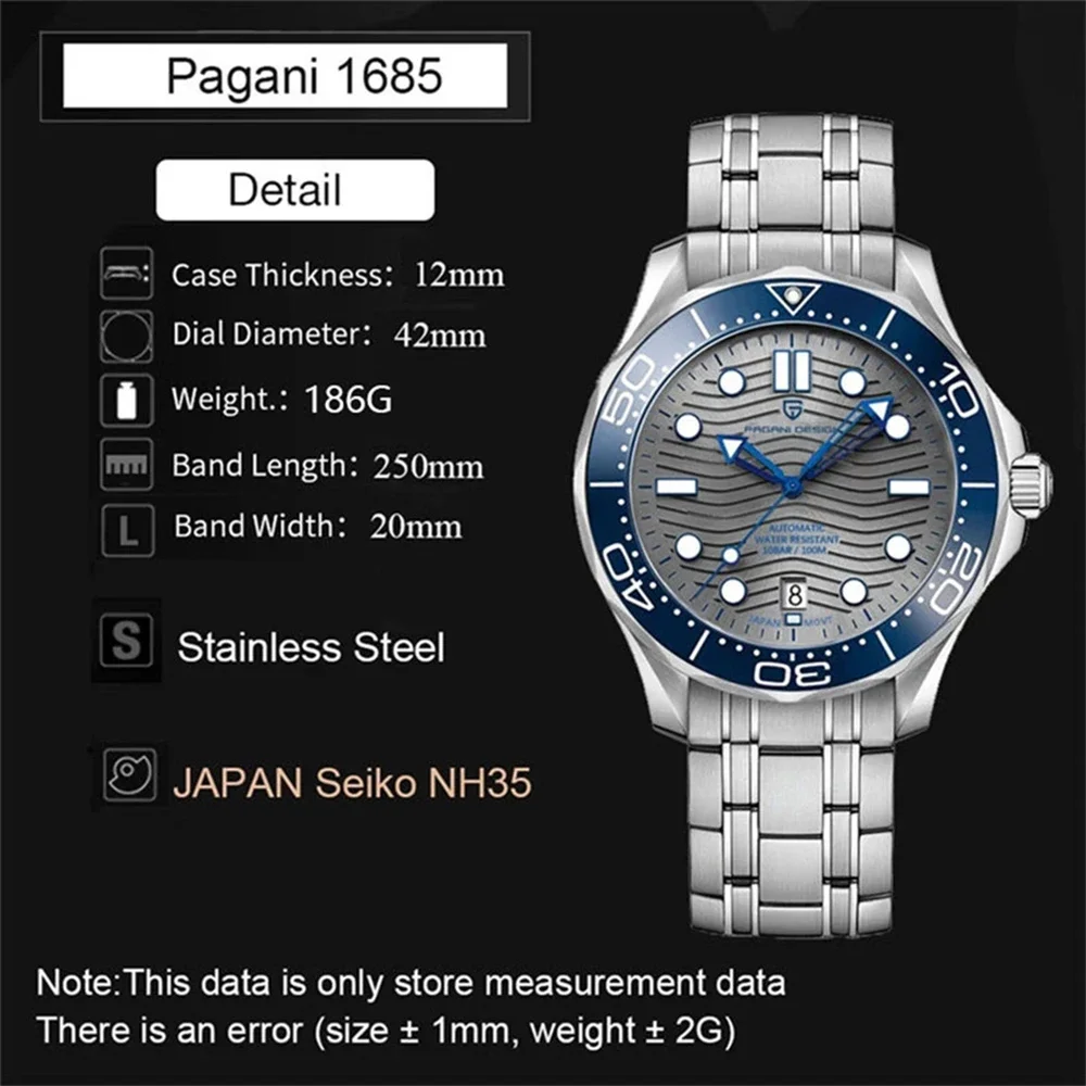 PAGANI DESIGN  NH35A Mens Automatic Mechanical Sports Watch For Men Stainless Steel Luminous Sapphire 007 Relogio Masculino 2024