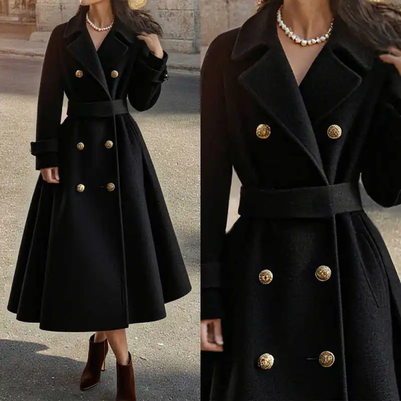 

Elegant Women Long Coat Double Breasted Wool Blends Jacket Blazer Autumn Winter Customized Thick Overcoat