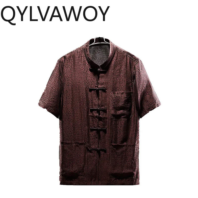 

QYLVAWOY 100% шелковые рубашки из тутового шелкопряда Xiangyunsha для мужчин, мужские рубашки с короткими рукавами, повседневные рубашки в китайском стиле