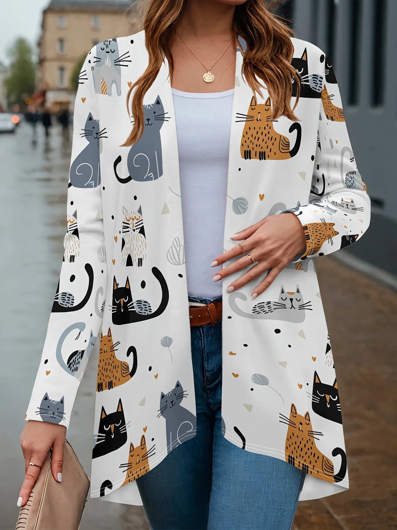 2025 Women's Cute Cat Printed Long Sleeve Cardigan, Polyester Open Front, Lightweight Cover Up, Spring Autumn Casual Coat