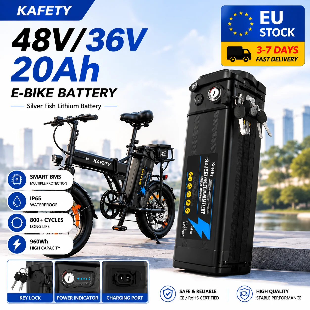 36V 20Ah E-Bike-Akku für 750W/1000W Motor, Lithium-Ionen-Akkupack mit 18650-Zellen, hohe Kapazität, wiederaufladbarer Akku mit Sicherheitsschutz, wasserdichtes Gehäuse, EU-Lager