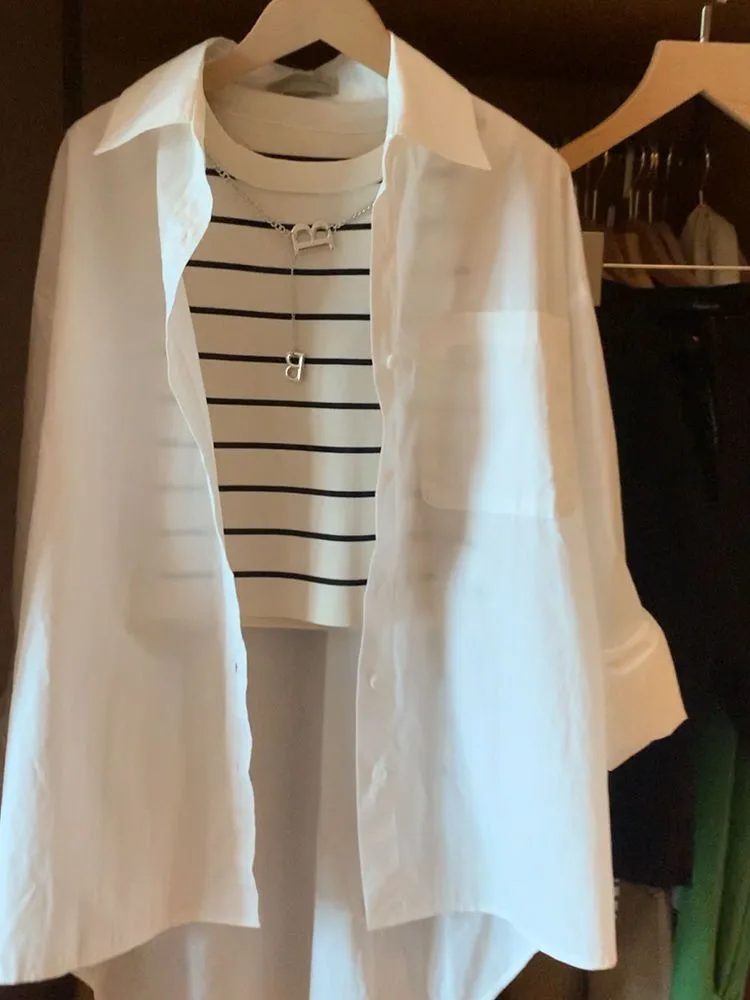 Chique mat irt en riemvestset Dameskleding Koreaanse Sle Loose Fit Lange Sve-kraag Gestreept patroon