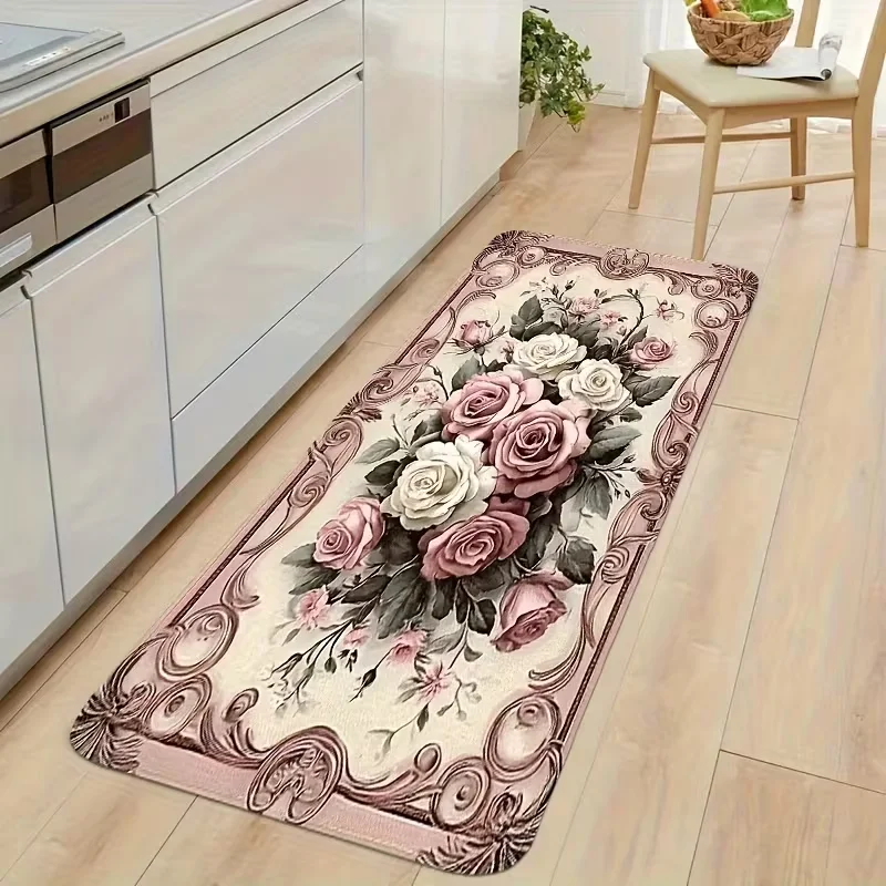 Pink Rose Mat  Non-slip European Style Kitchen Mat Pink Rose Pattern Plant Flower Comfortable Standing Mat