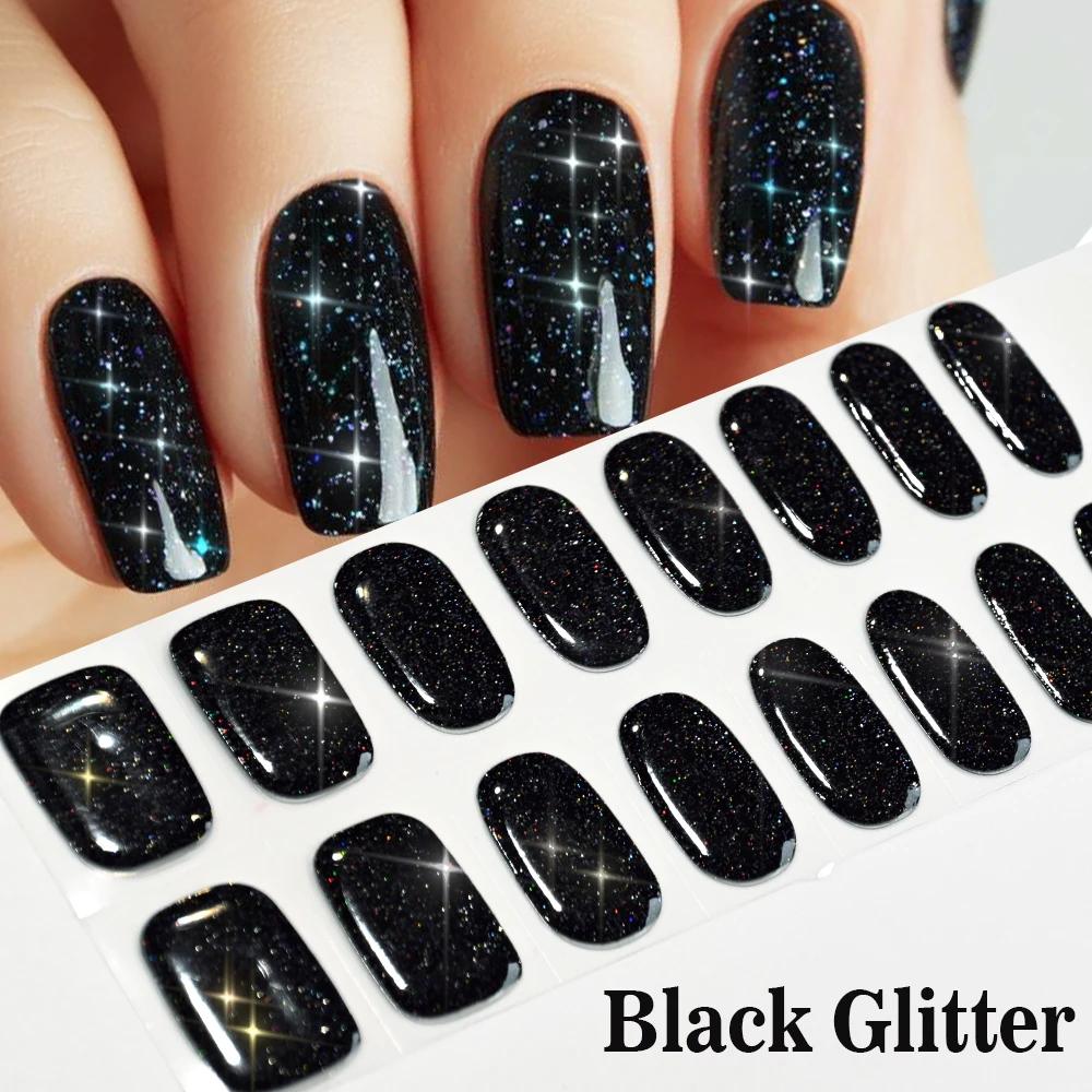 16Tips Black with Glitter Semi-Cured Gel Nail Sticker Foil Full Cover Wrap Gel Adhesive Nail Sticker Long-Lasting Gel Nail Wraps