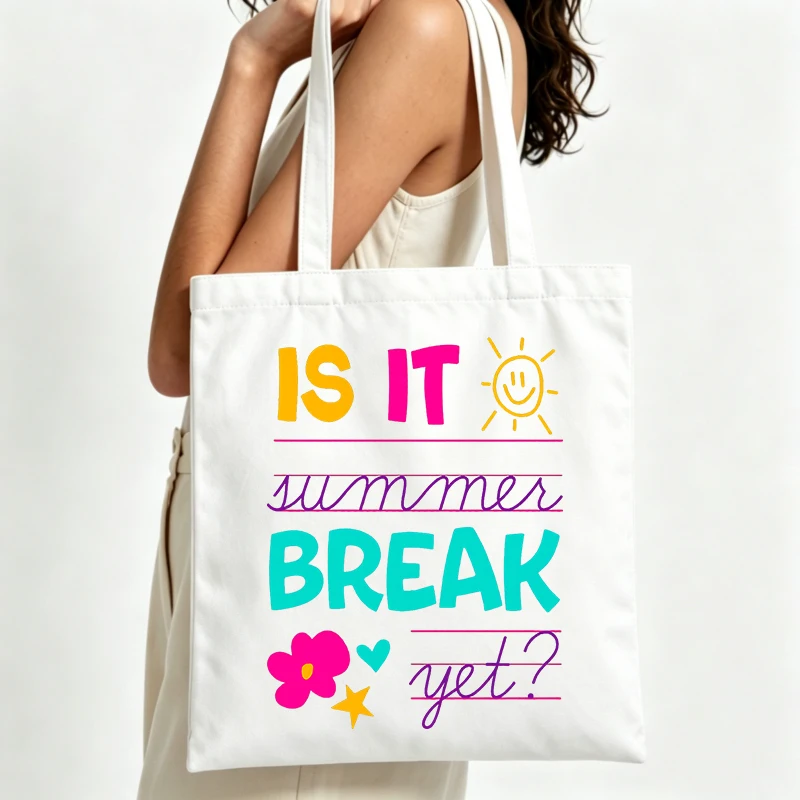typography print canvas tote bag with sun and flower graphics, casual summer shopping bag for daily use