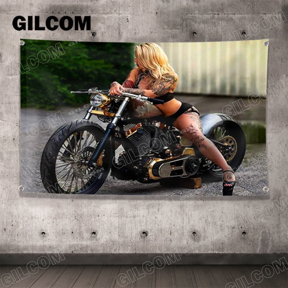 Sexy Tattoo Motorcycles Flag Beauty Girls Rider Biker Advertise Logo Sports Outdoor Club Tapestry Banner Brass Grommet