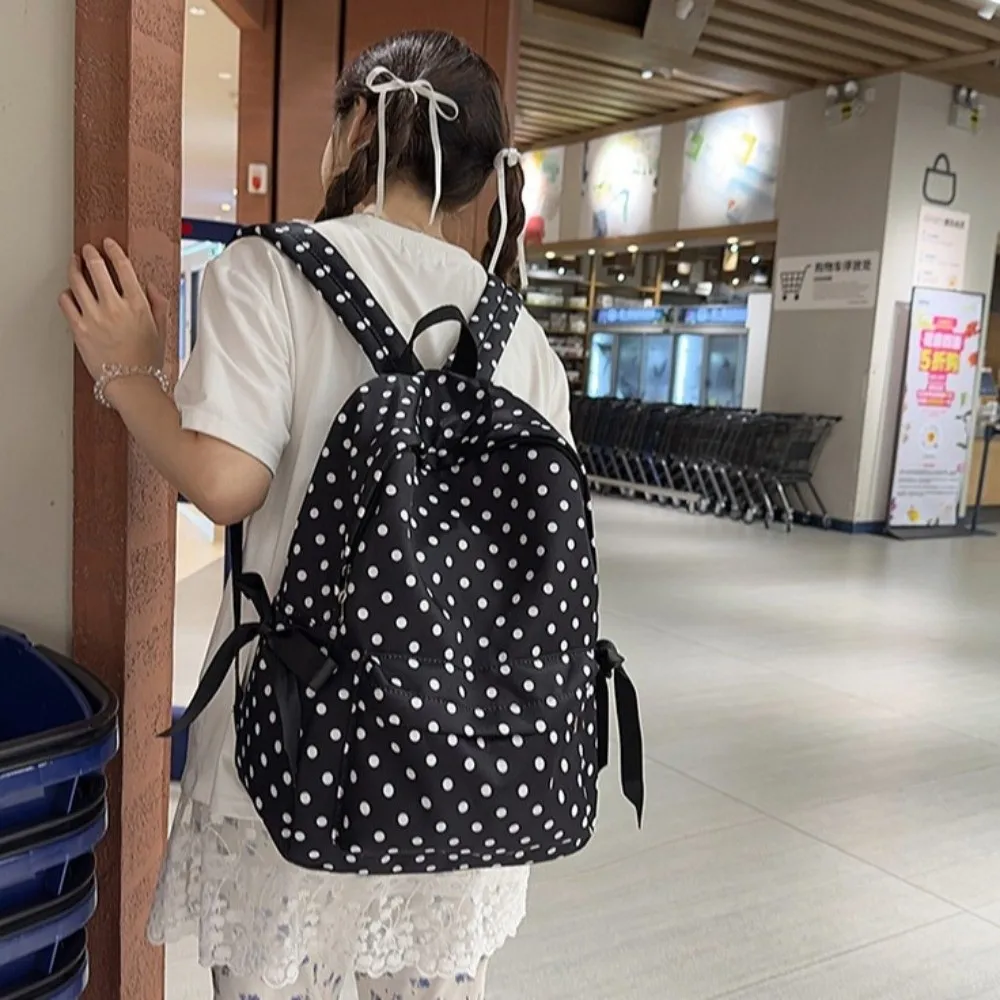 French Style Polka Dot Backpack Polka Dot Pattern Bow Ribbon Design Bow Ribbon Backpack Lightweight Construction Cute Appearance