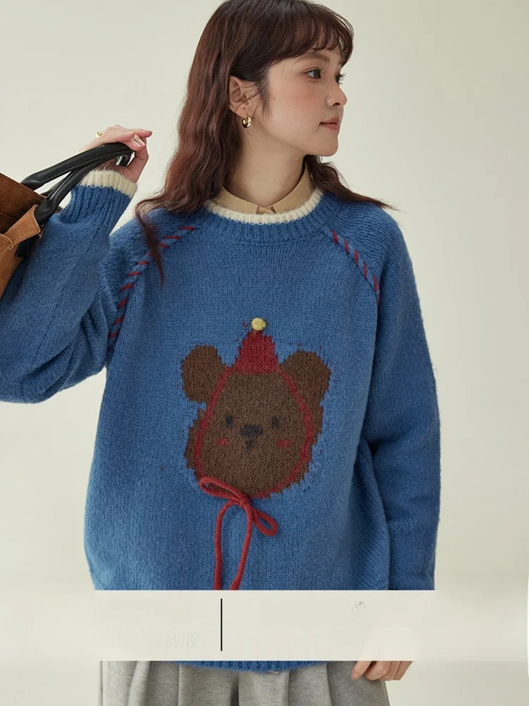 

AMUU Nainai Синий шерстяной свитер с длинными рукавами и круглым вырезом, женский, зимний, новый, свободный, омолаживающий, для повседневной носки, модный