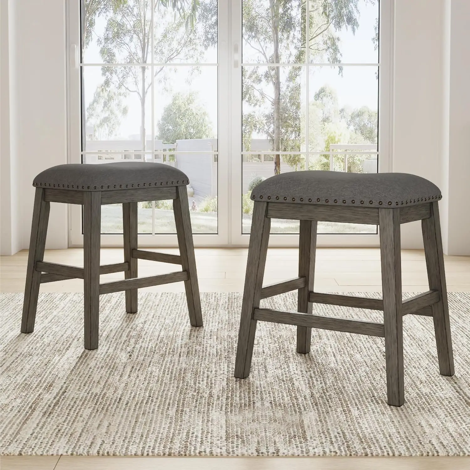 Rustic Gray Counter Height Upholstered Barstool Set of 2, Solid Acacia Wood with Nailhead Trim