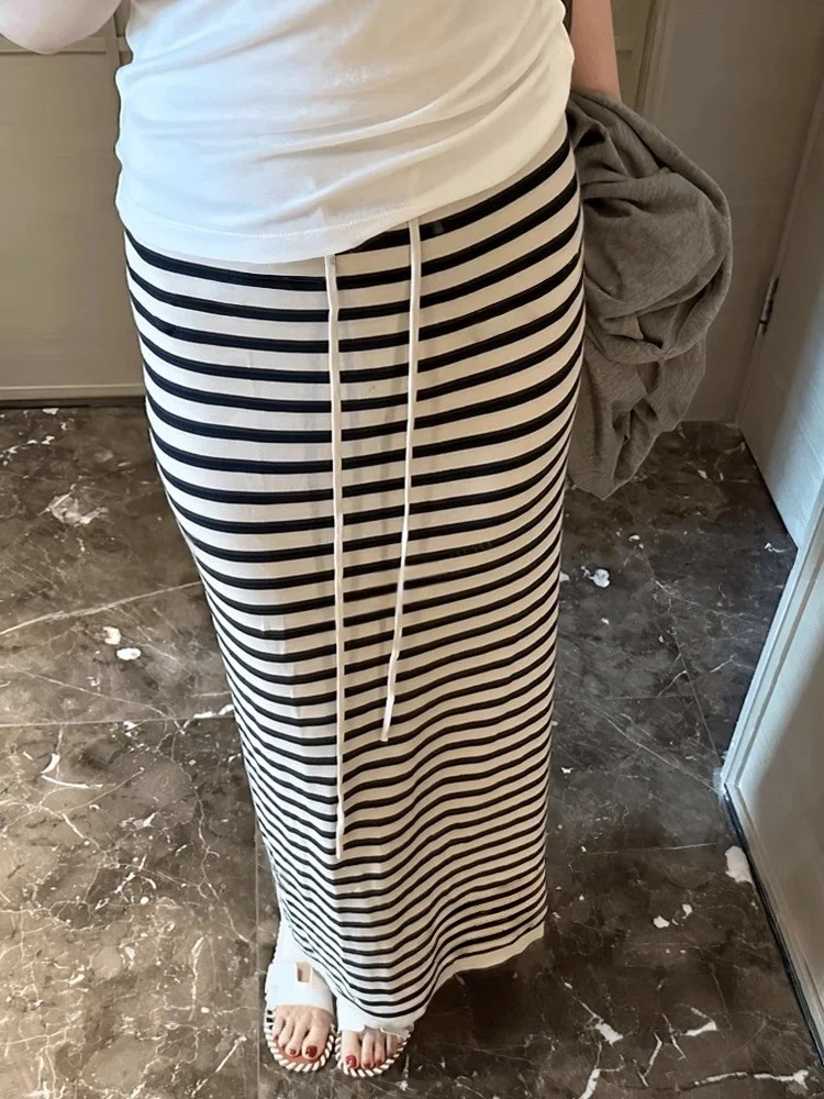

Black White Striped Drawstring High Waist Long Skirt Women's Summer Korean Style Lazy Casual Elegant Slimming Drapey Wrap Bod...