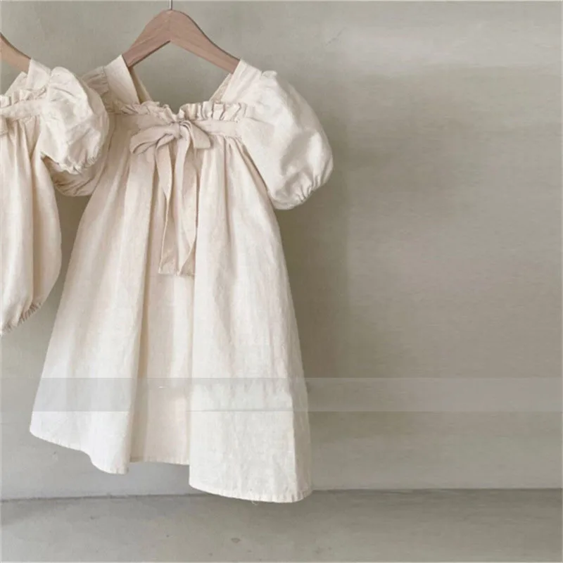 Dresses Korean version of new summer dress girls\' baby bow bubble sleeve sweet floral square neck dress