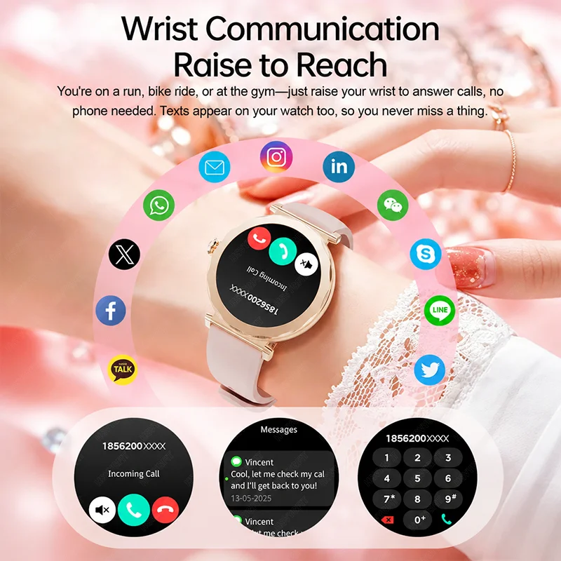 2026 new exquisite women's smartwatch, 1.2-inch AMOLED high-definition screen, wireless calling, sports tracking, alarm clock