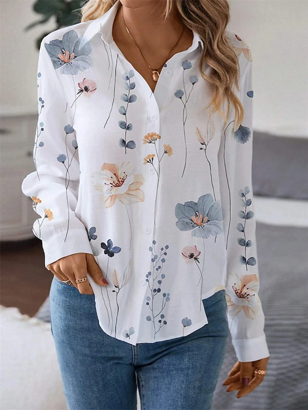 Camisa de manga larga con estampado Floral para mujer, blusa informal con botones, color blanco, amarillo y rosa, Cuello de camisa a la moda para