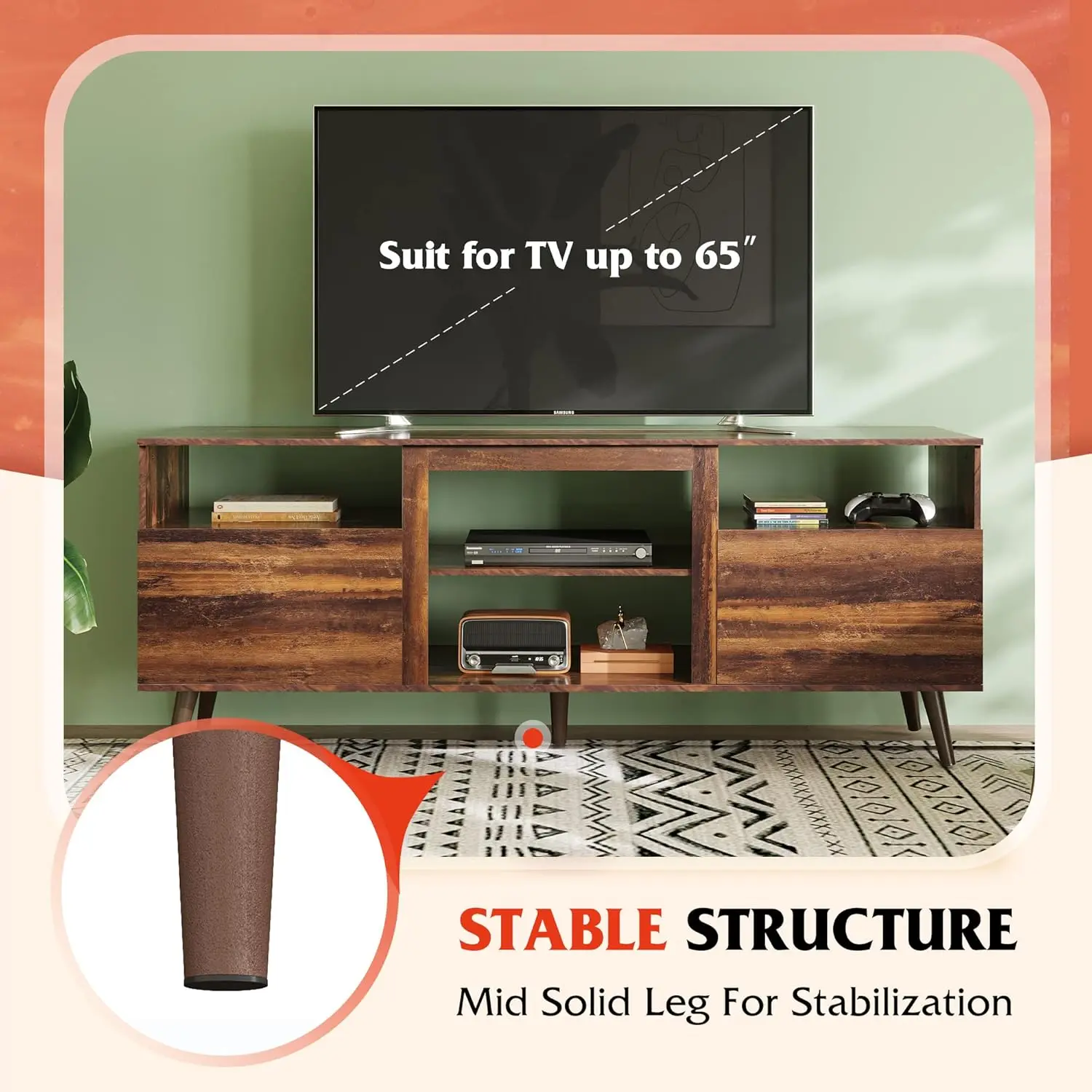 Support TV pour télévision 65 pouces, centre de divertissement 58 pouces avec 2 armoires de rangement, console multimédia pour salon, chambre et bureau