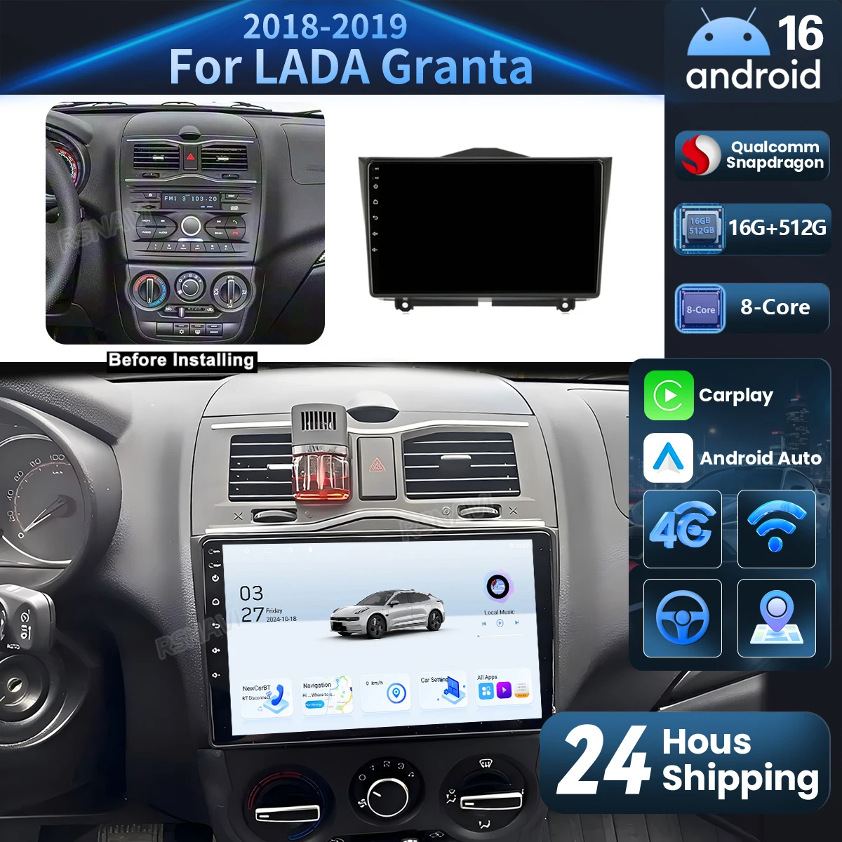 Android 16 Carplay Auto Qualcomm 2K QLED Screen Car Radio Player For LADA Granta 2018 - 2019 GPS Wifi  DSP 4G BT 16G-512G DVD