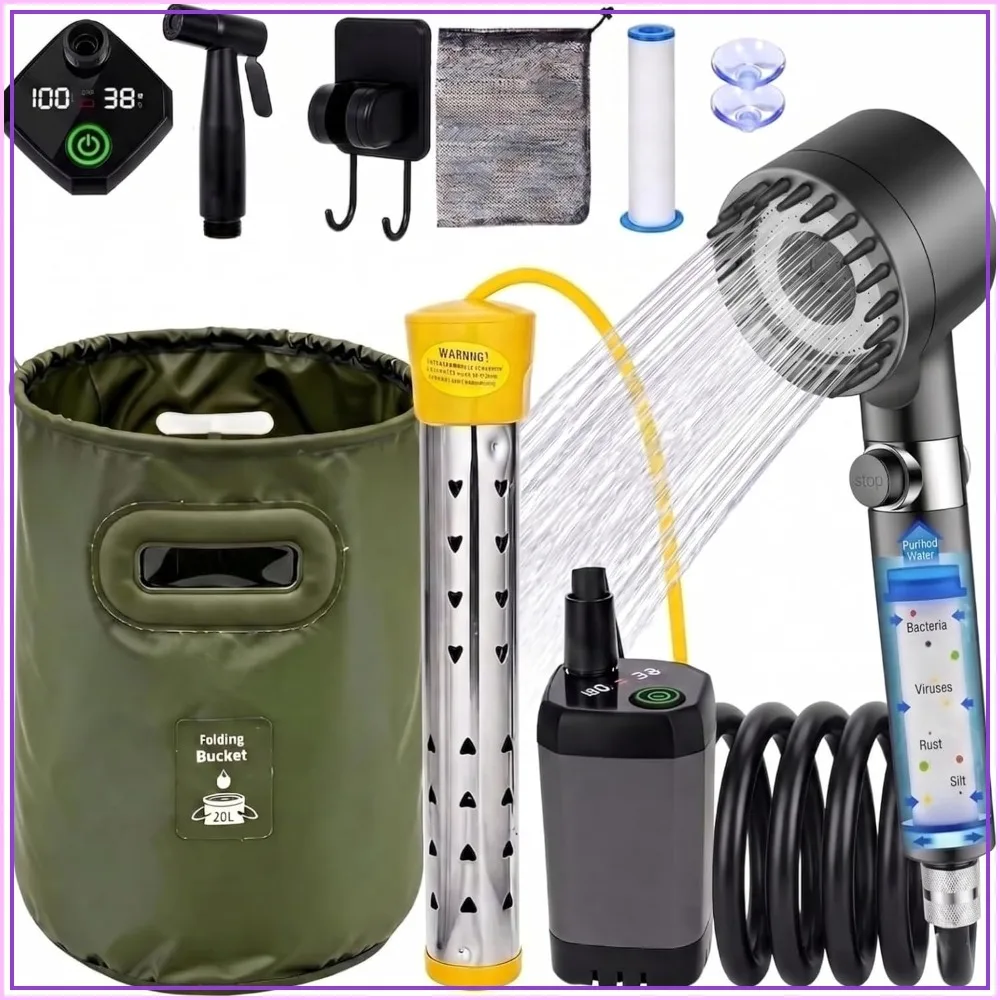 

Portable Camping Shower with 1500W Heater, 6000mAh Battery, 5.3Gal Bucket, Digital Display for Outdoor