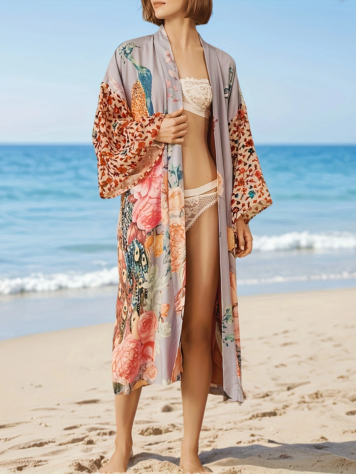 

Women's Printed Beach Cover-Up with Peacock Pattern, Belt, Vacation Sun Protection Long Cardigan