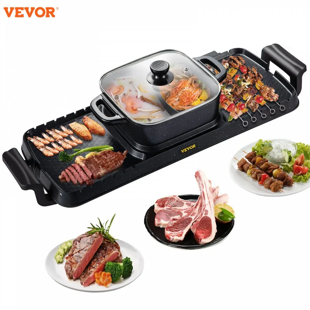 VEVOR 2 in 1 Electric Grill and Hot Pot  2400W BBQ Pan Grill and Hot Pot, Multifunctional Teppanyaki Grill Pot