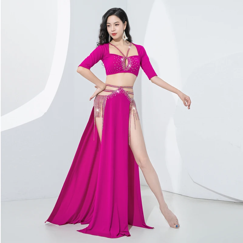 Belly Dance Performance Clothing Suit for Women Bellydance Half Sleeves Top+mesh Long Skirt 2pcs Oriental Professional Set Wear