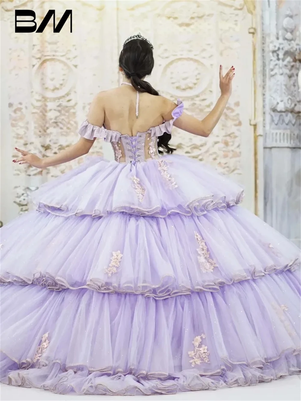 Gaun koktail 2024 gaun quiceanera bahu terbuka Vestidos De Baile gaun pesta berjenjang gaun Prom Tulle