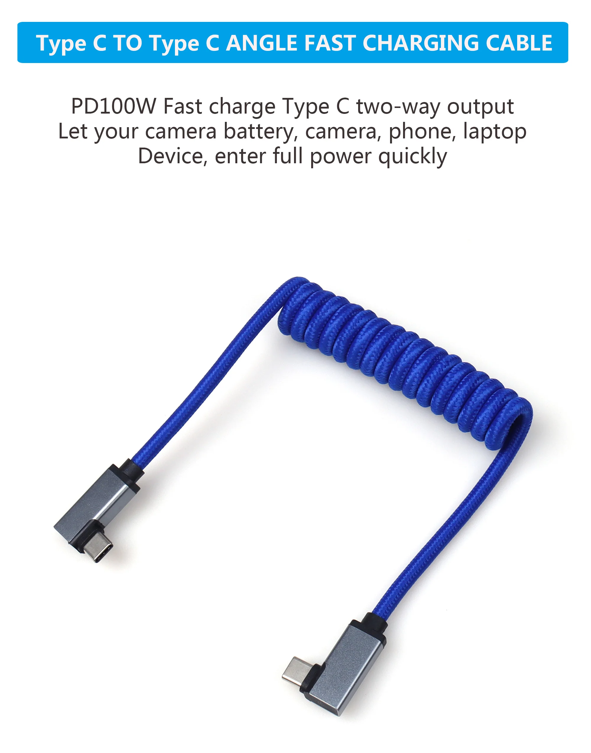 Blue type c Extension Cable 90 Degree to Type C Male to Male Charging Data Gen Connector Extension Cable for cell phone