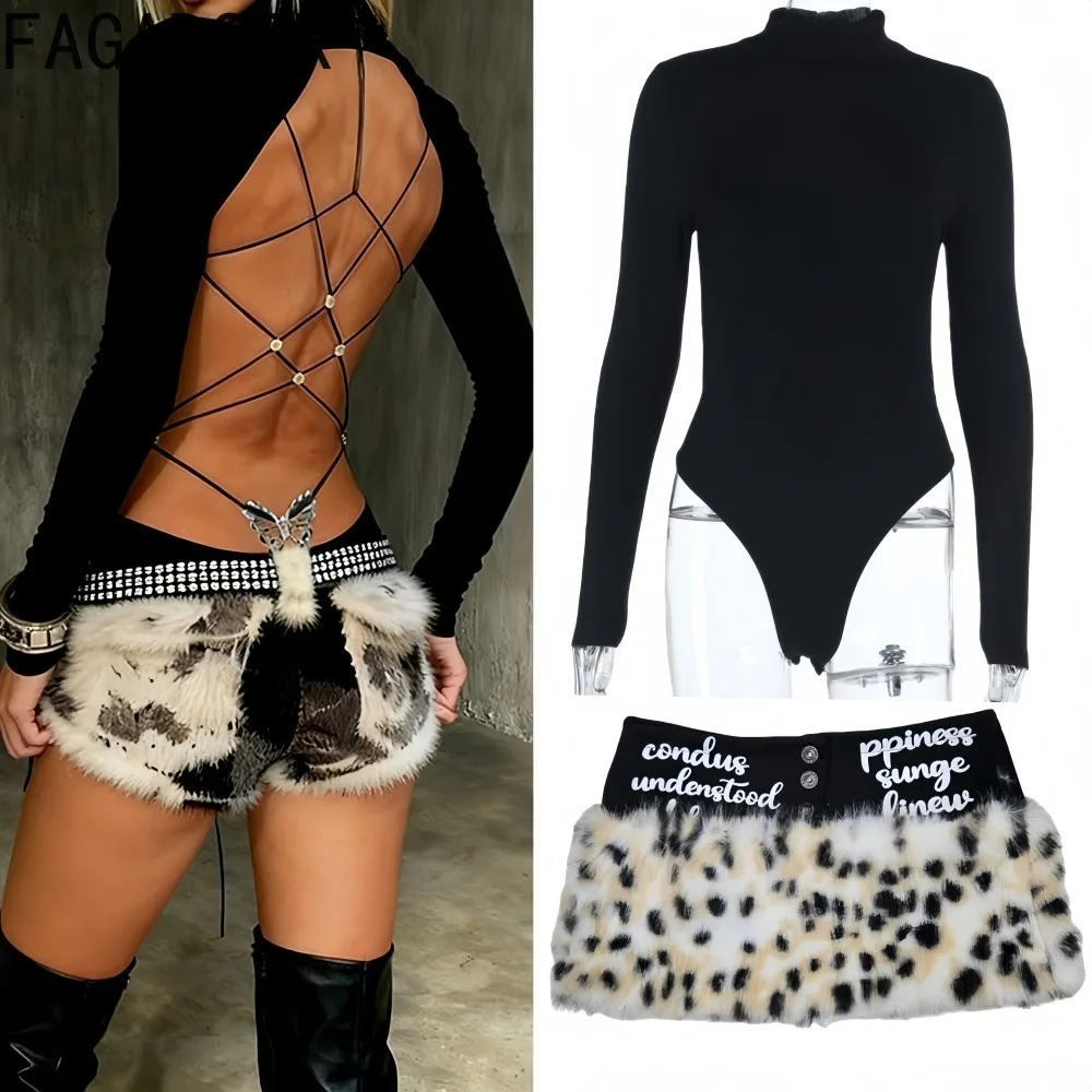 

FAGADOER Sexy 2 Pieces Set for Woman Outfits Solid Color Long Sleeve Bodysuits + Leopard Print Shorts Female Streetwear Clothing