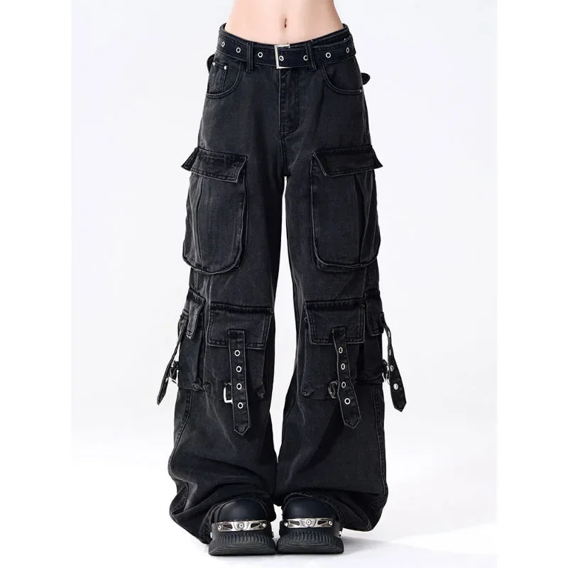 

Y2K 2000S Black Cargo Jeans Women Vintage Streetwear Wide Leg Denim Pants Harajuku Dark High Waist Baggy Straight Trouser New
