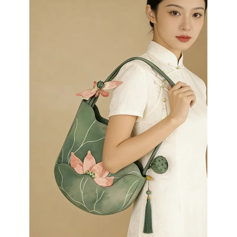 Vintage Oriental Floral Hobo Bag Handcrafted Lotus Embroidery Accent PU Leather Tassel Detail Shoulder Purse for Hanfu Casual