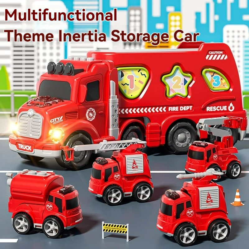 5 in 1 Friction Inertial Cars Toy Fire Trucks Engineering Trucks Music Light Model Set Puzzle Match Toys Boys Kids Birthday Gift